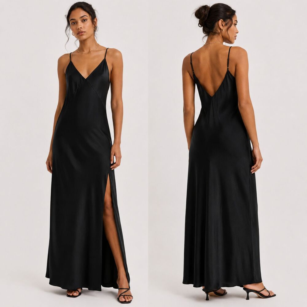 Rag & Bone Black Satin Maxi Slip Dress Size 6 NWT Draped High Slip